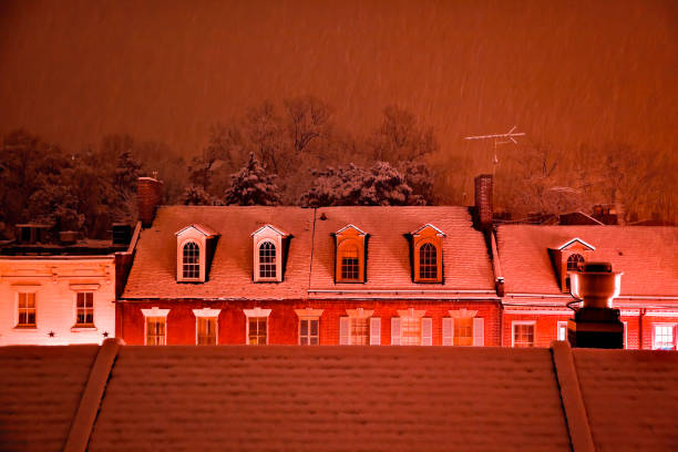 Nighttime Snow Georgetown Apartments Buildings Rooftops in Snowstorm at Night Washington DC