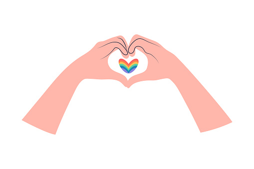 Two hands making heart sign and rainbow heart between. Love gesture. Rainbow colors of LGBT pride flag.