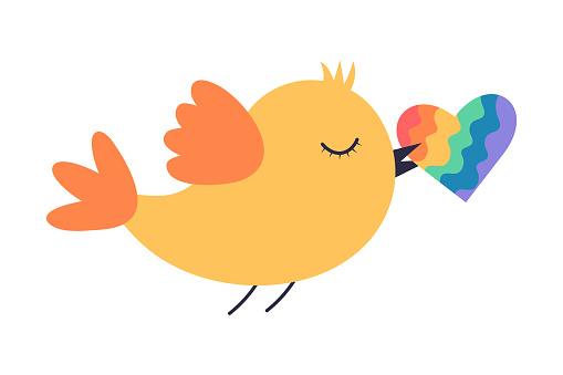 Cute bird with rainbow heart in beak. Rainbow colors of LGBT pride flag. Romantic message animal.