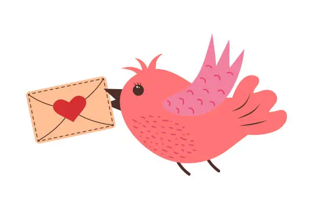 Vector illustration of Cute pink bird carrying envelope with heart in its beak. Love parcel. Delivery concept. Valentine's Day romantic clipart.