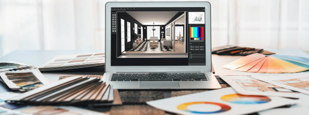 istock Modern interior design office with laptop and colorful board materials. Insight 1961369036