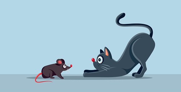 Comical friends and enemies mice and kitty facing each other