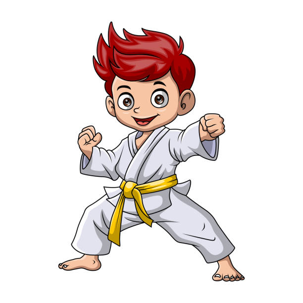 Cute little boy training karate Vector illustration of Cute little boy training karate japanese boy uniform cartoon stock illustrations