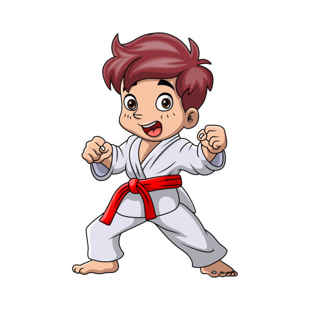 Cute little boy training karate Vector illustration of Cute little boy training karate japanese boy uniform cartoon stock illustrations