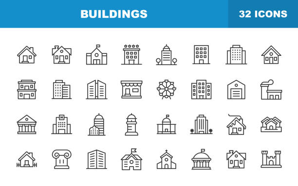 illustrations, cliparts, dessins animés et icônes de icônes de ligne de bâtiments. trait modifiable. contient des icônes telles que bâtiment, architecture, construction, immobilier, maison, maison, école, hôtel, église, château. - immeuble