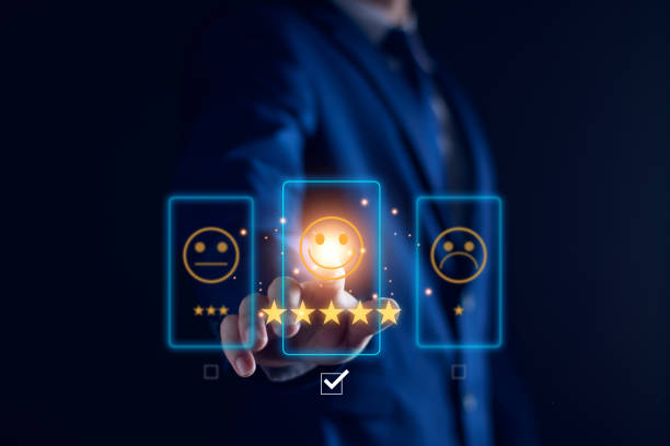 istock Customer service and Satisfaction ,business man giving Feedback satisfaction. five stars Positive Review. Client Satisfaction Surveys, good, five stars, best product and service. Excellence guarantee. 1961393122