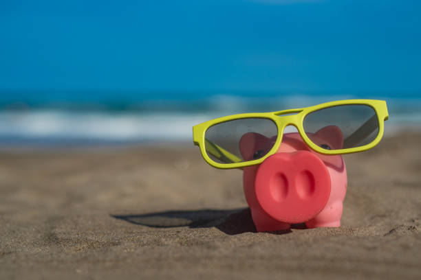 cute little pig on the beach saving for vacations - piggy bank savings investment glasses zdjęcia i obrazy z banku zdjęć
