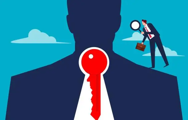 Vector illustration of Finding the keys to success, finding solutions to problems, exploring ways to succeed in a career or business path, businessmen standing on the shoulders of giants with a magnifying glass to find the keys in the bodies of giants