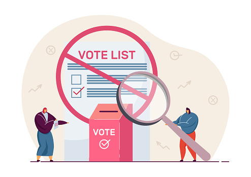 Electors with huge magnifying glass near voting ballot box and voter list in forbidden circle. Vector illustration. Voting irregularities and falsifications, dishonest elections concept