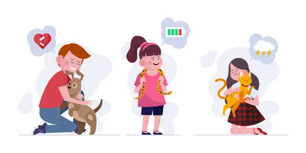 Vector illustration of Children with different emotions playing with animals