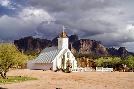 Storm clouds, the Elvis Chapel and the Superstition Mountains, in late-January.