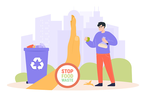 Hand with stop gesture forbidding man to throw food away vector illustration. Recycling bin with food waste. Avoiding food waste, sustainable lifestyle concept