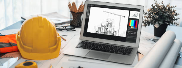 istock Digital blueprint by architecture design software on laptop screen. Insight 1961446938