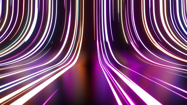 istock Moving neon lights in colorful lines glow in dark ways, bright and striped abstract patterns glow. 1961527709