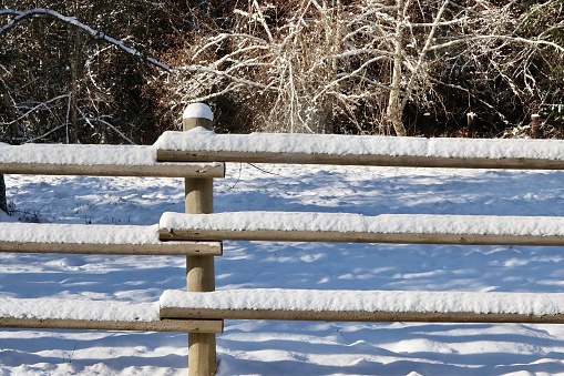 Close-up of snow piled up on wooden fencing