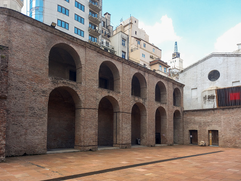 Buenos Aires, Argentina - Jan 14, 2024: Colonial arch gallery from 1730 in the yard of The Block of the Lights, former administration of the Jesuit Order, downtown Buenos Aires, Argentina.