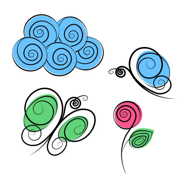 Vector illustration of Butterflies, spiral cloud and blossom rose in trendy marker color. Ser of 4 stylized design elements