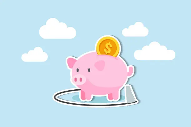 Vector illustration of Financial mistake, investment risk and money loss in economic crisis or robbery and fraud concept, wealthy pink piggy bank being sawed under neath the floor to steal money.