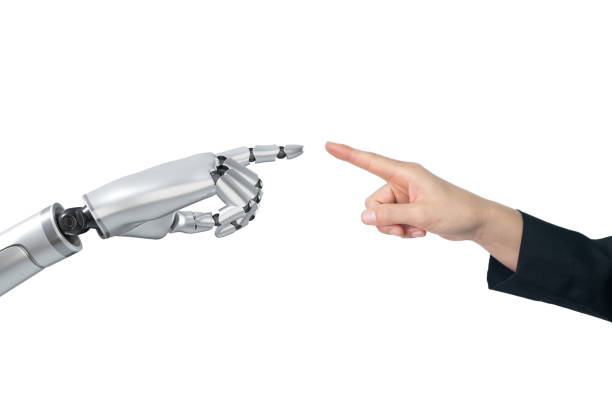 istock Ai hand with human hand trying to touching each others isolated on white background. 1961629612