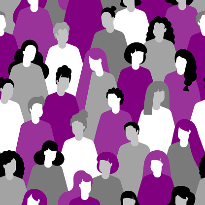 Asexuality flags  Asexual pride flag. Asexual person. People in the colors of the assexuality flag, International asexuality day. International Day of Asexuality, April 6. National Coming Out Day. Seamless illustration of crowd of asexual people in trendy flat style. Seamless patterns of people. Poster for social media, blogging, networkings.
