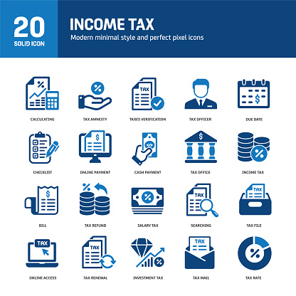 Income tax solid icons. Containing tax amnesty, finance, economy, business solid icons collection. Vector illustration. For website design, logo, app, template, ui, etc.
