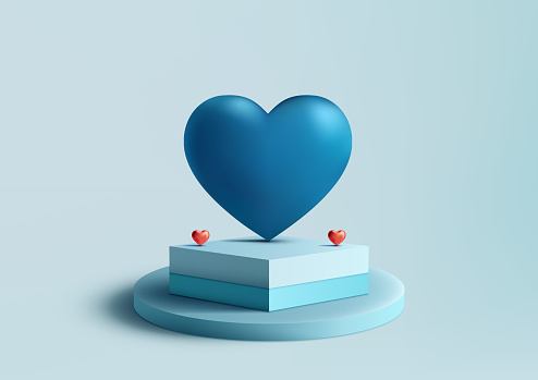 Valentine's Day display with this 3D blue podium mockup. Red and Blue Heart glossy elements with blue background, perfect for showcasing products, brands, or romantic messages. Vector illustration