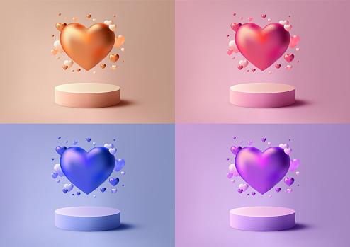 3D Valentine's Day podium mockup. Featuring floating in the air hearts, a sleek podium, and a soft backdrop, it's perfect for showcasing your products or branding in a romantic. Vector illustration