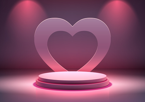3D pink podium mockup. Minimalist design with a heart backdrop puts your product in the spotlight for Valentine's Day. Vector illustration