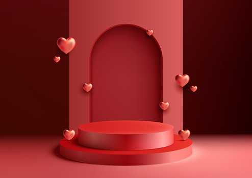 Valentine's Day product presentations 3D red podium mockup set the stage for love decoration with hearts elements and rounded backdrop on red background. Vector illustration