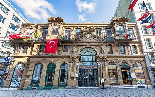 Istanbul, Turkey - May 13, 2023: Cicek Pasaji, or Cite de Pera, a historic passage, built during the late Ottoman era in 1876 by Hristaki Zografos Efendi and designed by the architect Cleanthy Zanno