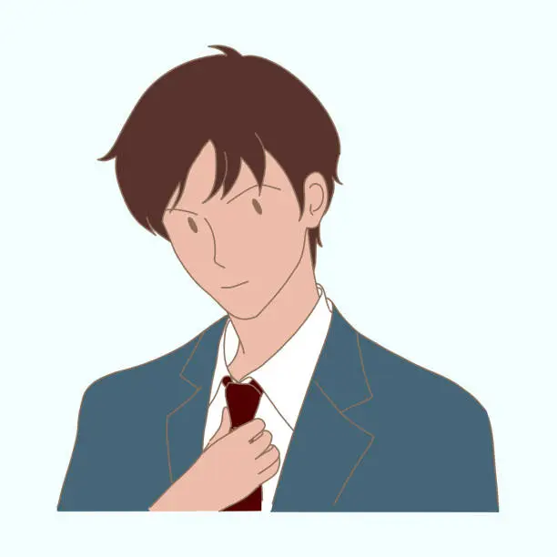 Vector illustration of Confident businessman in suit adjusting necktie. Hand drawn flat cartoon character vector illustration.