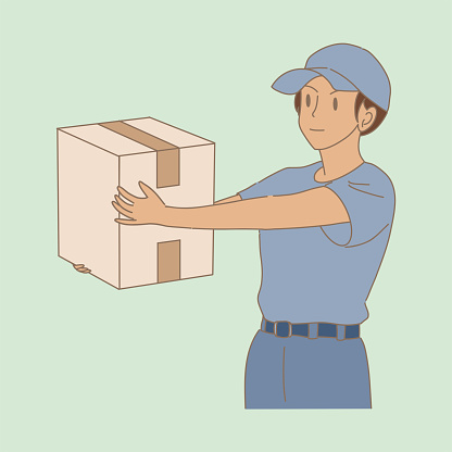 Courier man carrying cardboard box, delivering package. Delivery man holding package box. Hand drawn flat cartoon character vector illustration.