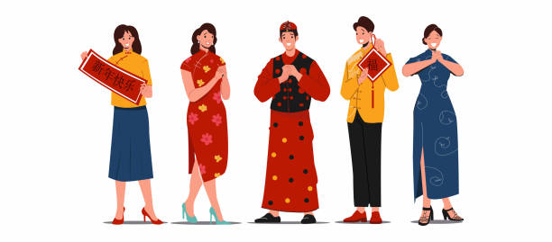 People characters for Chinese new year parade, isolated on White background. Asian Men and Women greeting with calligraphy and typography banner. Translation: Happy New Year mandarin chinese new year stock illustrations