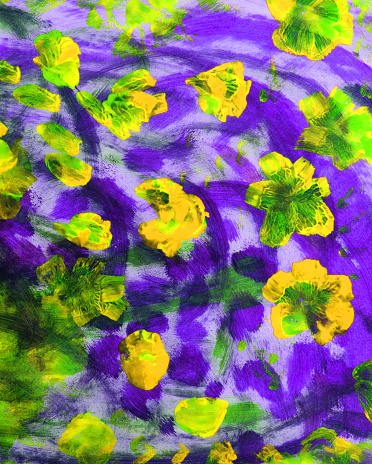 Oil painting floral texture. Flowers meadow. Illustration oil painting floral for background. Modern art paintings flowers with yellow, green, purple  color.  children painting style