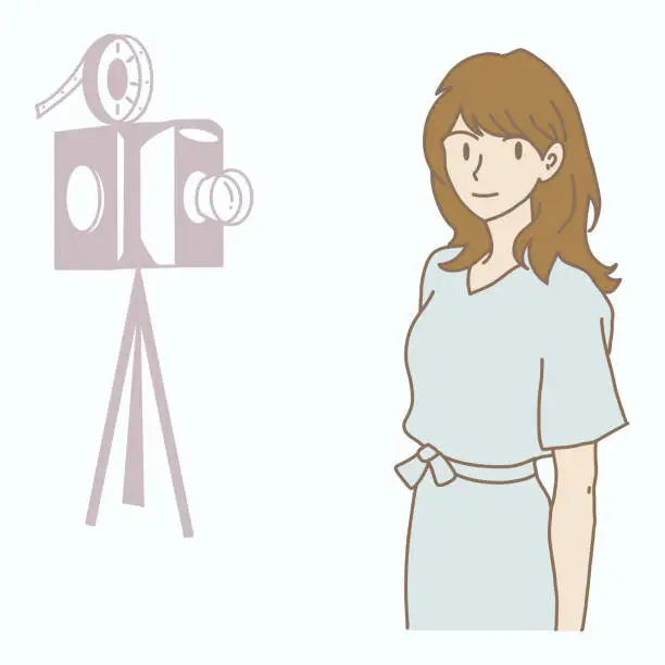 Vector illustration of Actress in front of the film camera.  Behind the scene. Hand drawn flat cartoon character vector illustration.