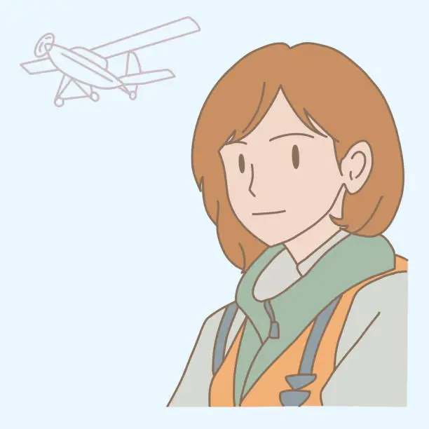 Vector illustration of Smiling woman posing with light aircraft above. Female pilot in suit. Hand drawn flat cartoon character vector illustration.