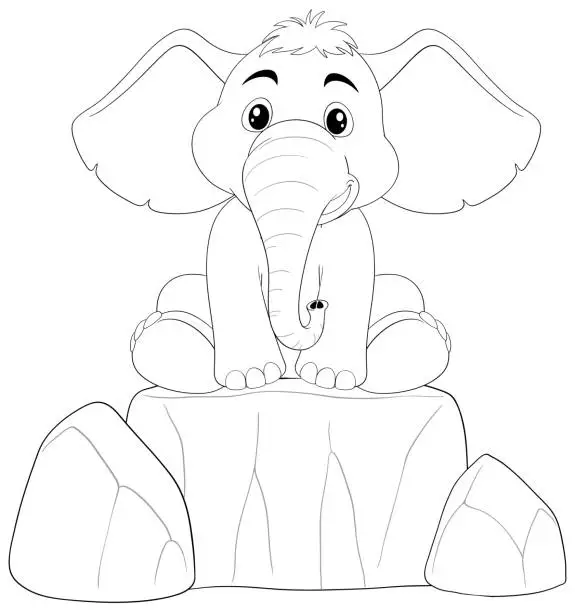 Vector illustration of Cute cartoon elephant seated on a stone