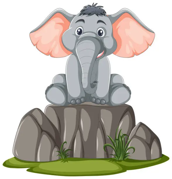 Vector illustration of Cute animated elephant perched atop stone boulders.