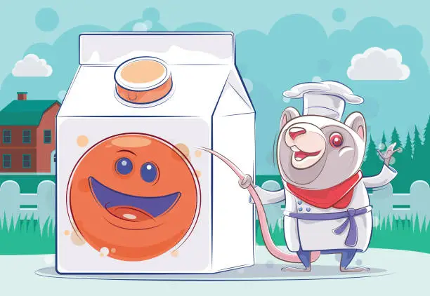 Vector illustration of chef mouse presenting with smiley drink carton box