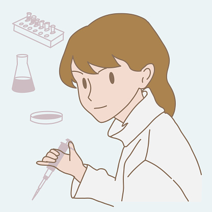 Female biologist in laboratory gown using micropipette for experiment in. Microcentrifuge tubes in rack, beaker, Petri dish behind. Hand drawn flat cartoon character vector illustration.