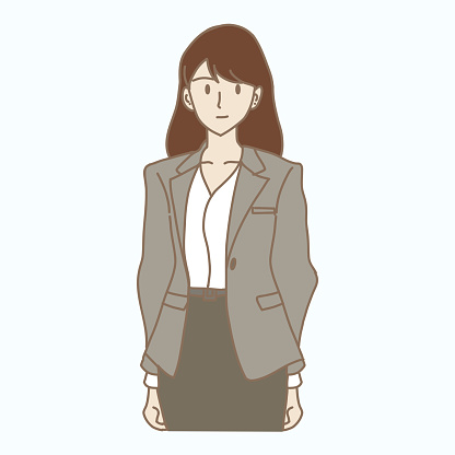 Businesswoman standing and looking at the viewer. Female office worker in business attire. Hand drawn flat cartoon character vector illustration.