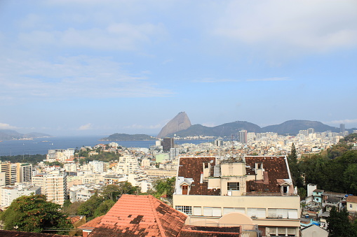 A landscape view of Ruins park of Rio de Janeiro city, showing Sugar loaf on the back