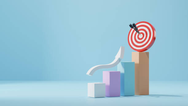 istock woods block step on table with icon Action plan. target icon on the top of wooden cube blocks. Shining rise up arrow shoot up towards the goal, business growth process. 1961780818