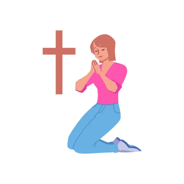 Vector illustration of Young woman praying on knees with closed eyes and folded hands together in front of cross