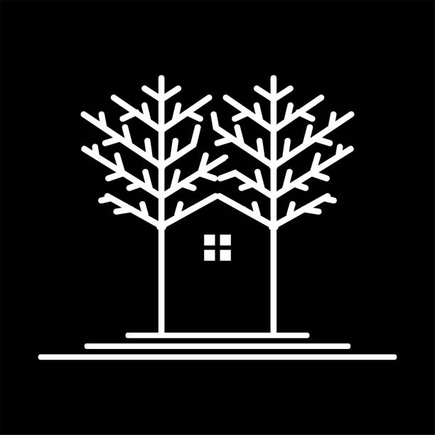 집, 오두막, 나무, 숲, 선, 부동산, 삽화, 디자인 벡터 - villa rinaldi stock illustrations