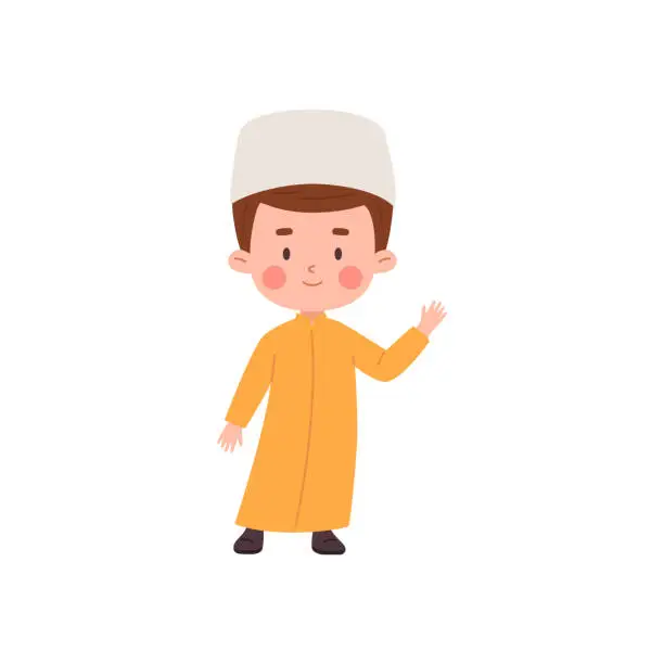 Vector illustration of Muslim boy waves his hand, happy Moslem child in national Arab clothing long shirt and skullcap, vector Islamic culture