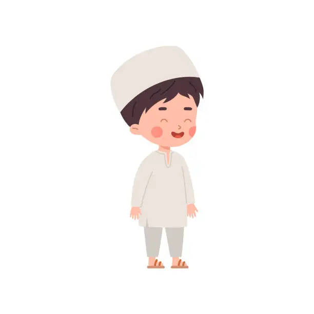 Vector illustration of Muslim boy laughs with closed eyes, vector Islamic religious culture child in national Arab white clothing and skullcap