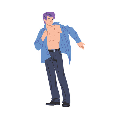 Man putting on shirt, changing clothes. Young guy getting dressed and pull on garment. Male character prepare to go out. Flat isolated vector illustration.