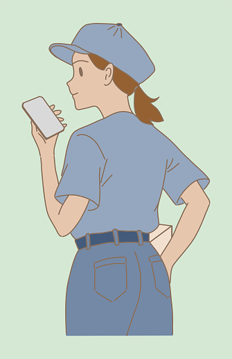 Courier woman carrying phone and cardboard box, delivering package. Delivery woman holding package, using smart phone for contacting customers. Hand drawn flat cartoon character vector illustration.