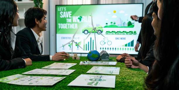 istock Businessman leader give presentation on eco-friendly implementation. Quaint 1961822129